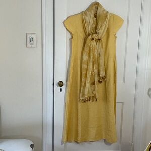 Sunflower yellow linen v-neck maxi dress with cap sleeves and coordinating scarf